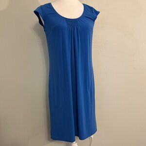 Royal Blue Cap Sleeve Shift Dress with Pleated Neckline